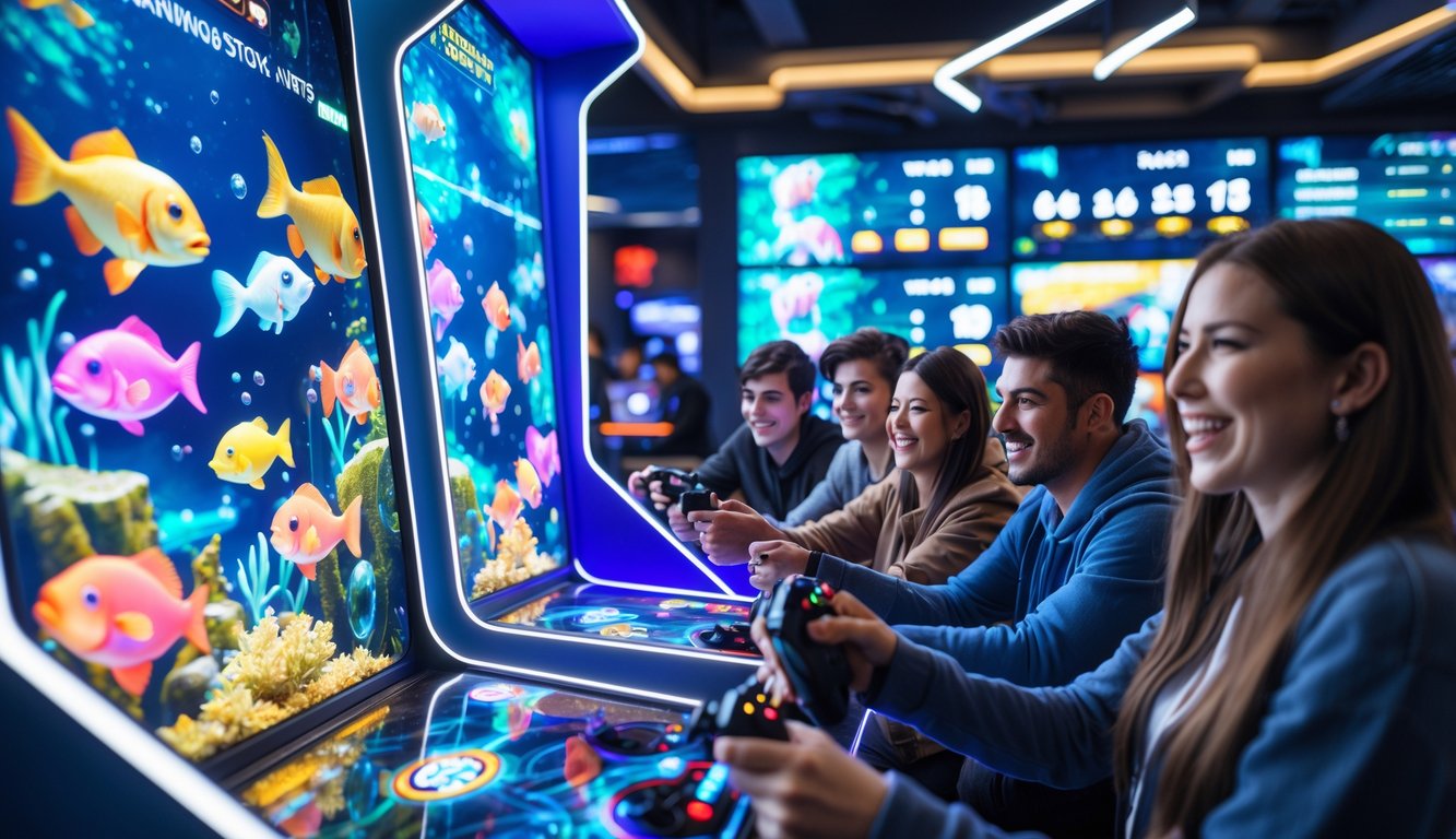 Orang-orang bermain mesin judi tembak ikan dengan latar belakang lounge permainan yang modern dan berwarna-warni.