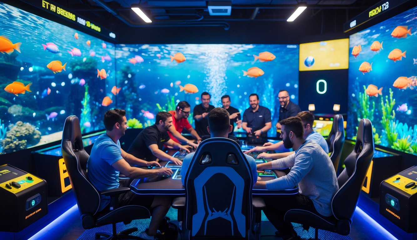 Sekelompok pria bermain game tembak ikan di layar besar dengan suasana cerah dan fokus.