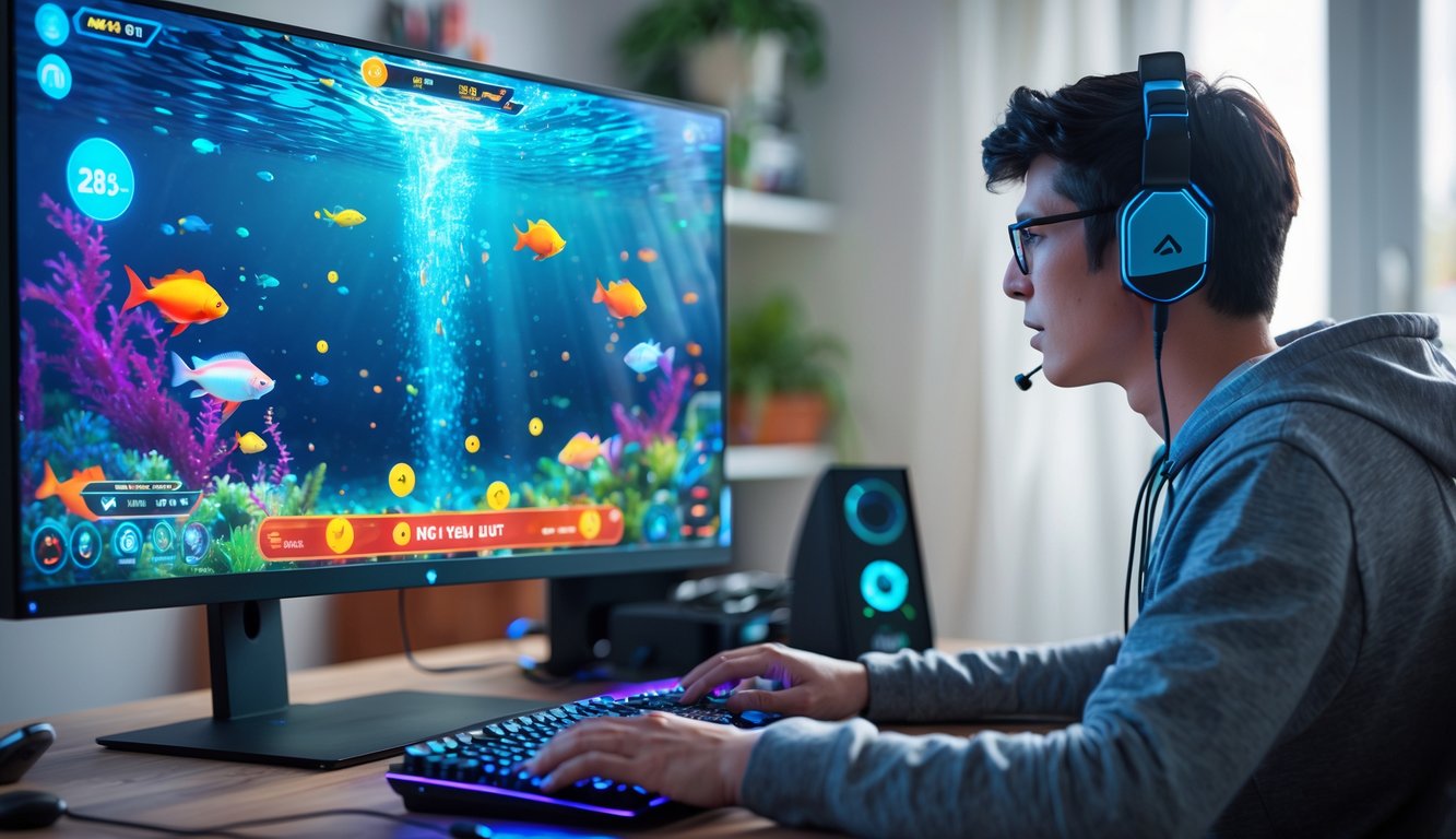 Seorang pemain muda sedang bermain game tembak ikan online di komputer dengan layar besar dan warna-warni, di dalam ruangan kantor rumah yang terang.