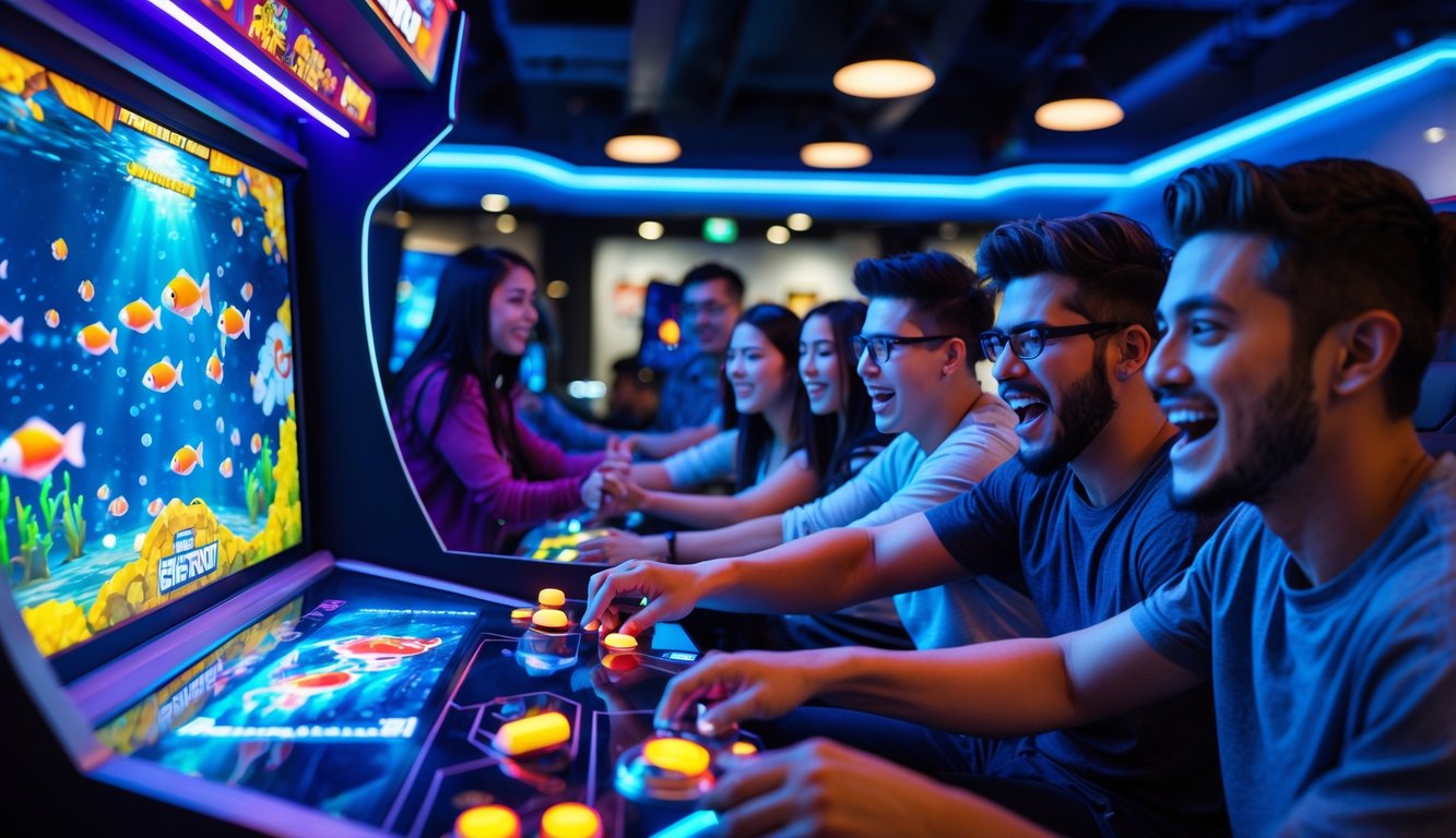 Beberapa orang muda sedang bermain mesin judi tembak ikan di ruang permainan dengan lampu biru dan suasana modern.