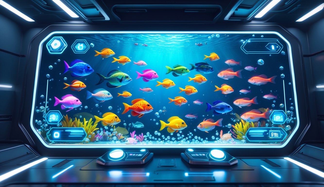 Tampilan layar permainan menembak ikan yang modern dan penuh warna dengan berbagai ikan berenang di latar laut biru.