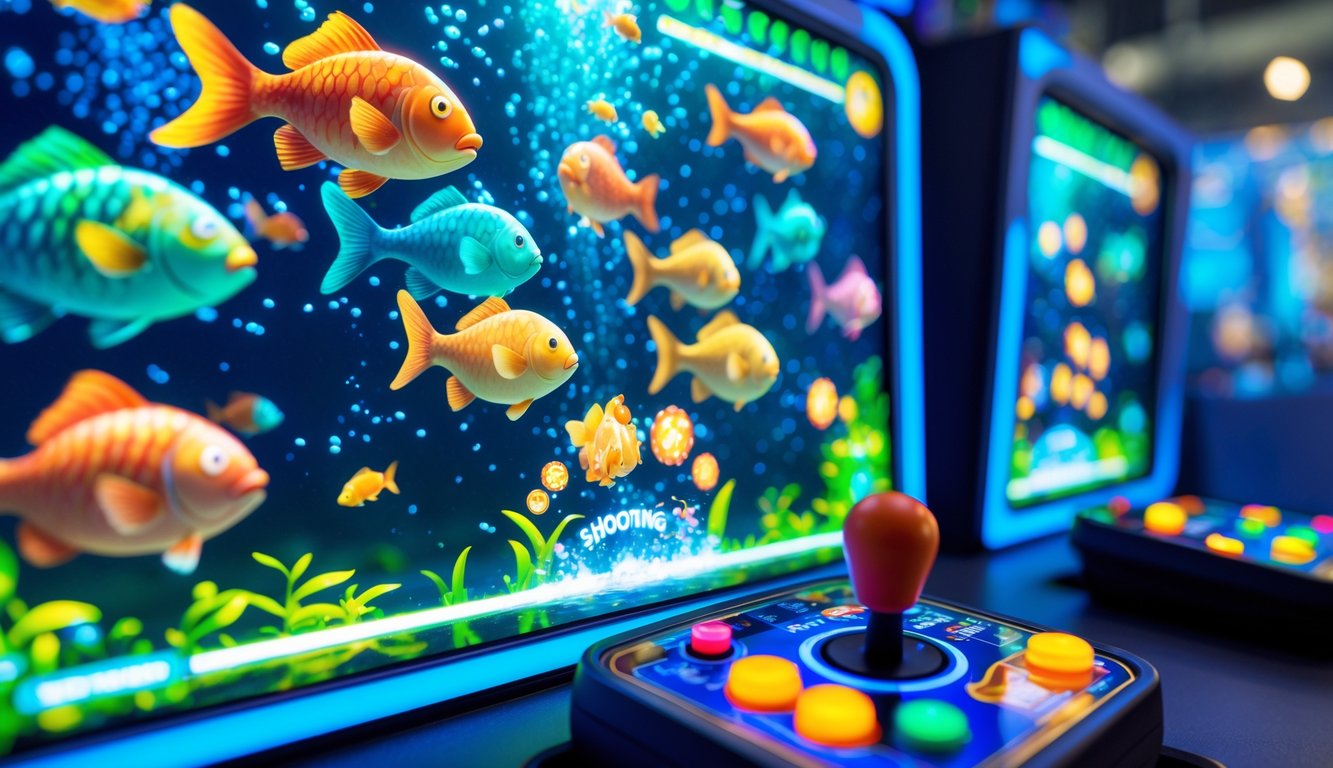 Layar permainan ikan dengan berbagai ikan berwarna-warni dan konsol permainan modern dengan joystick dan tombol yang menyala.