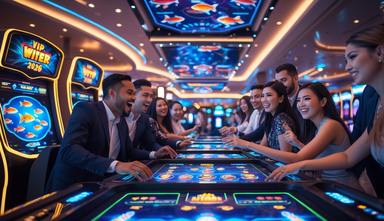 Sekelompok orang bermain permainan tembak ikan di mesin arcade VIP di dalam kasino yang modern dan berwarna-warni.