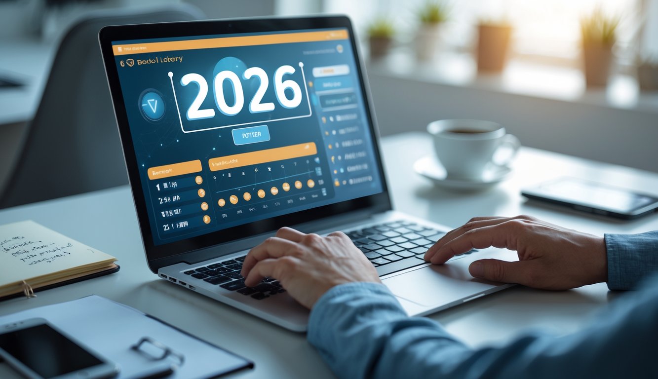 Seseorang sedang menggunakan laptop di meja kerja dengan tampilan antarmuka lotere digital dan catatan di sekitar meja.