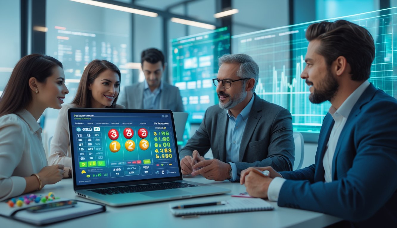 Orang-orang sedang berdiskusi di meja kerja dengan laptop yang menampilkan antarmuka permainan togel online dan grafik data.