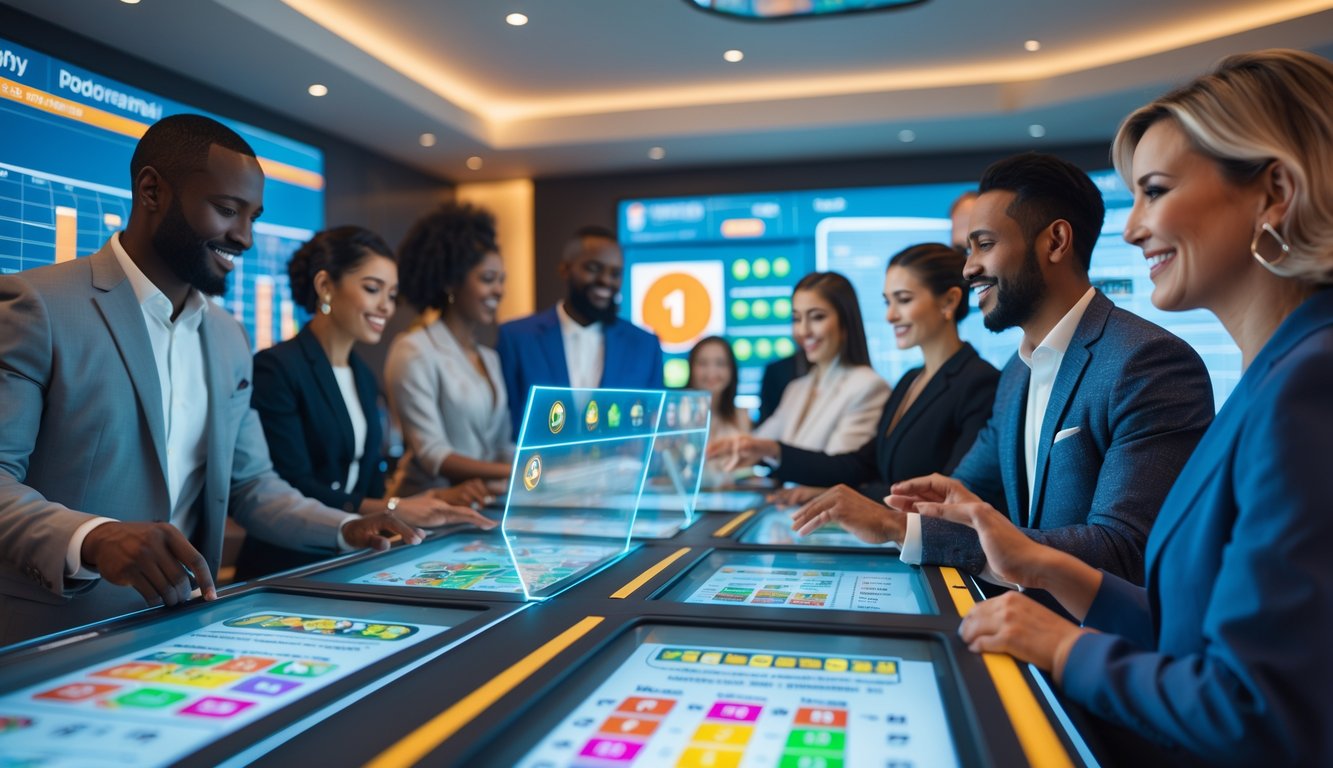 Sekelompok orang dewasa menggunakan layar sentuh digital di ruangan modern, fokus pada permainan togel online dengan suasana optimis.