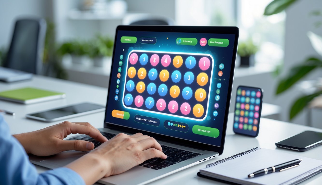 Meja kerja dengan laptop yang menampilkan permainan angka, tangan mengetik di keyboard, dan beberapa alat tulis di sekitar.