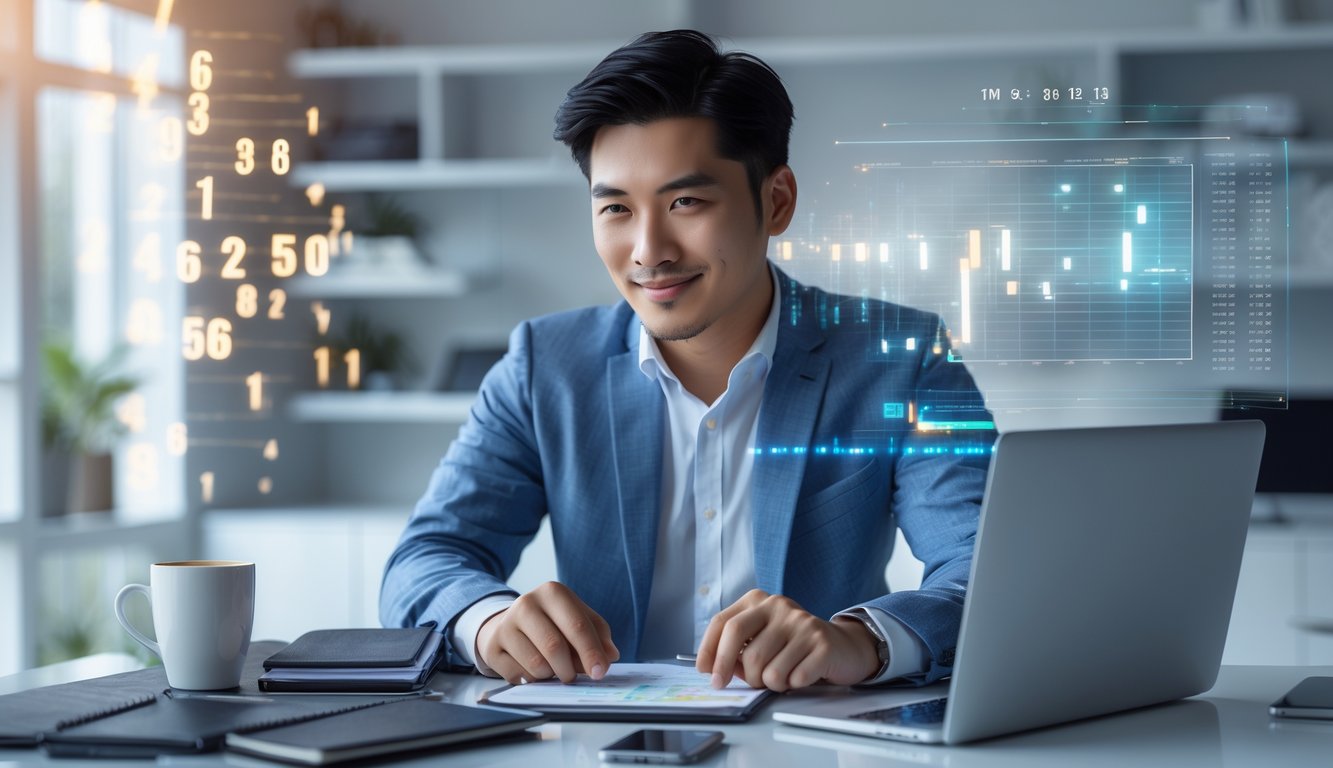 Seorang pria muda duduk di meja kerja dengan laptop dan catatan, tampak fokus dan percaya diri saat menganalisis data.