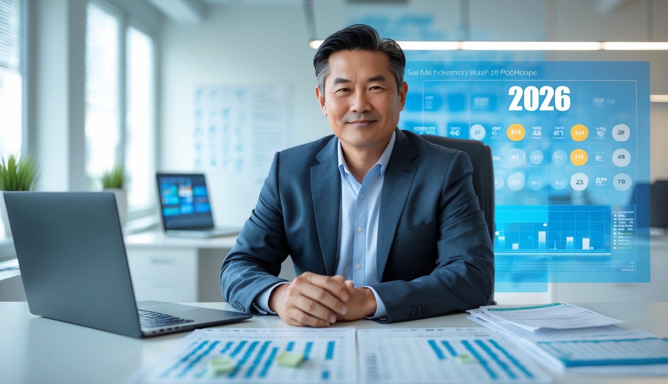 Seorang pria Asia duduk di meja kerja dengan laptop dan catatan, terlihat fokus dan profesional di ruang kantor yang rapi.