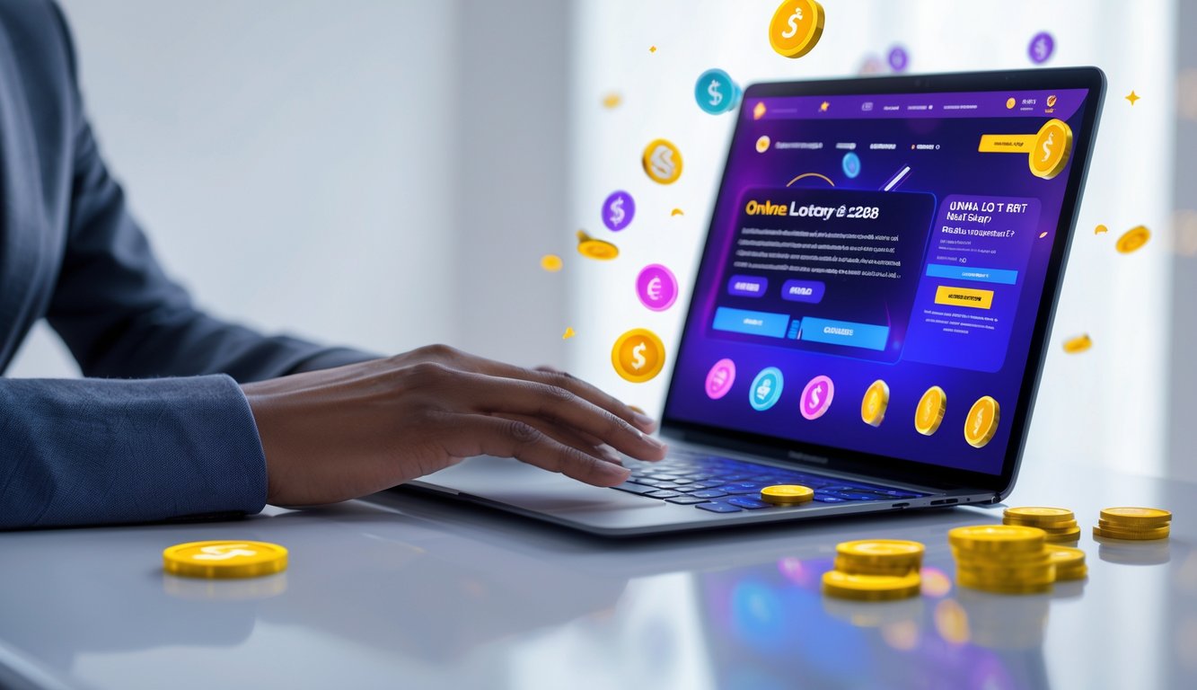 Seseorang menggunakan laptop dengan tampilan situs togel online yang menarik dan modern di meja yang rapi.