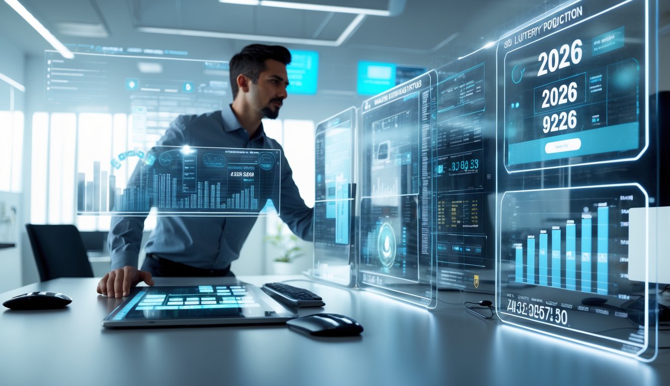 Seorang profesional sedang menganalisis data angka togel di depan layar holografik di ruang kantor modern.