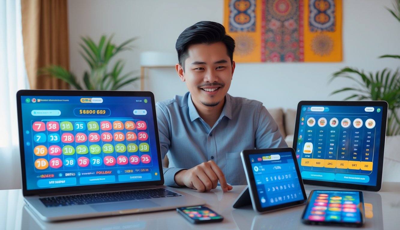 Seorang dewasa muda Indonesia duduk di meja dengan beberapa perangkat digital, terlihat fokus menggunakan aplikasi togel digital dalam ruangan modern dengan dekorasi batik.