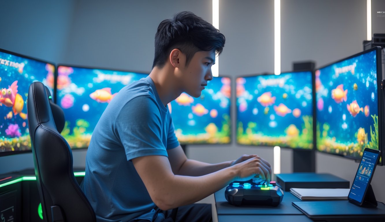 Seorang pemain muda fokus bermain game tembak ikan di ruangan permainan modern dengan layar berwarna-warni dan alat permainan digital.