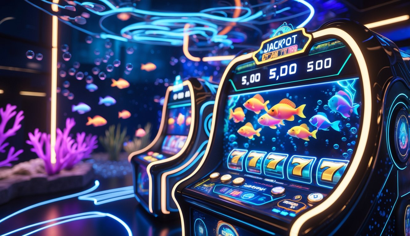 Suasana permainan judi tembak ikan dengan mesin arcade digital berlampu neon dan animasi ikan berwarna-warni di latar bawah laut.