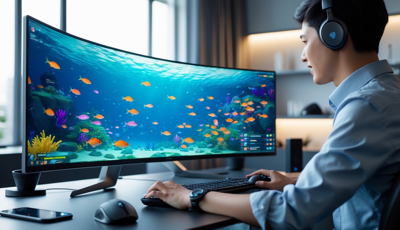 Seseorang sedang bermain game tembak ikan di depan monitor besar dengan latar belakang kantor modern.