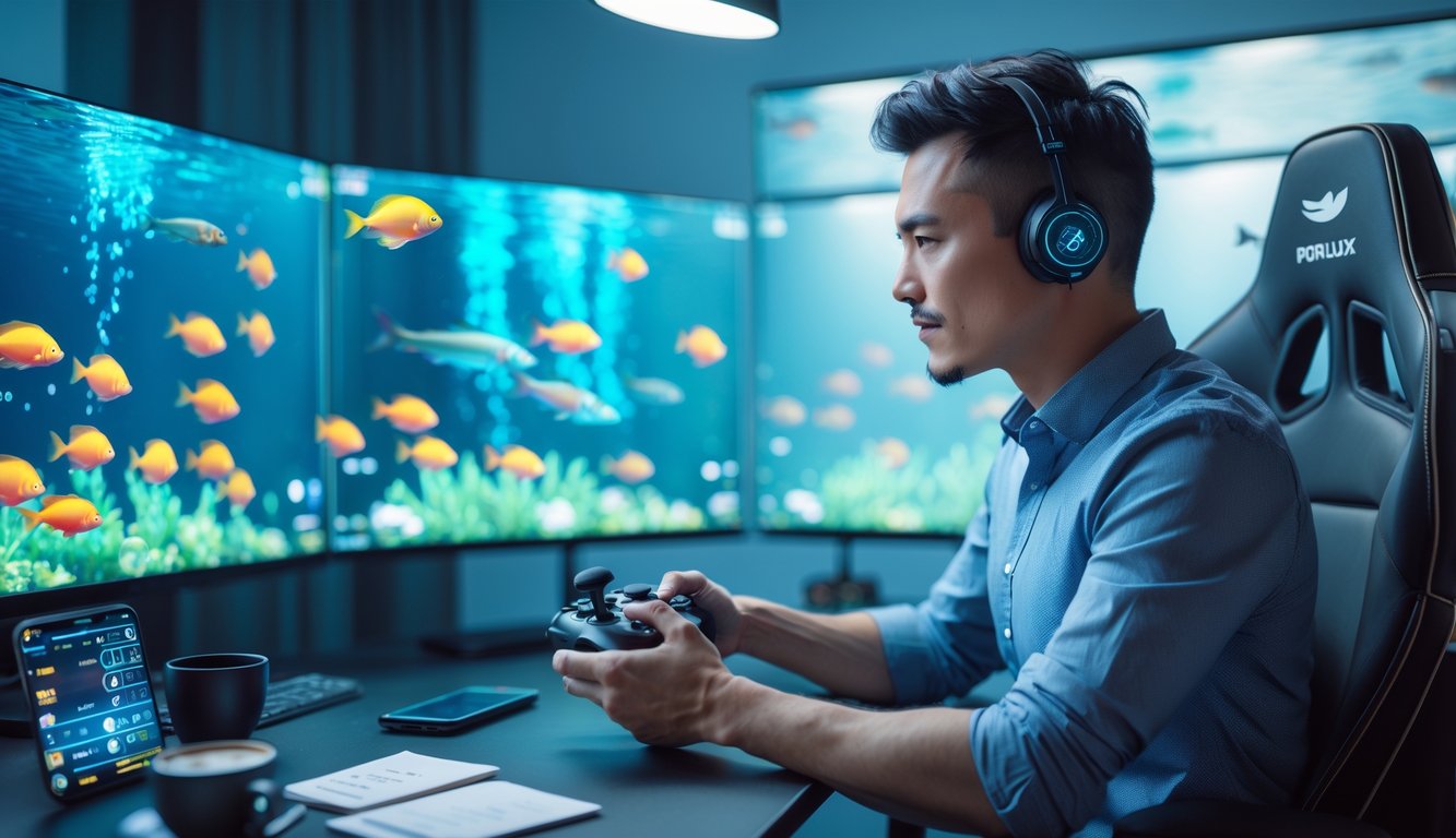 Seorang pemain dewasa fokus bermain permainan tembak ikan di depan layar komputer dengan suasana berwarna biru dan tema bawah laut.