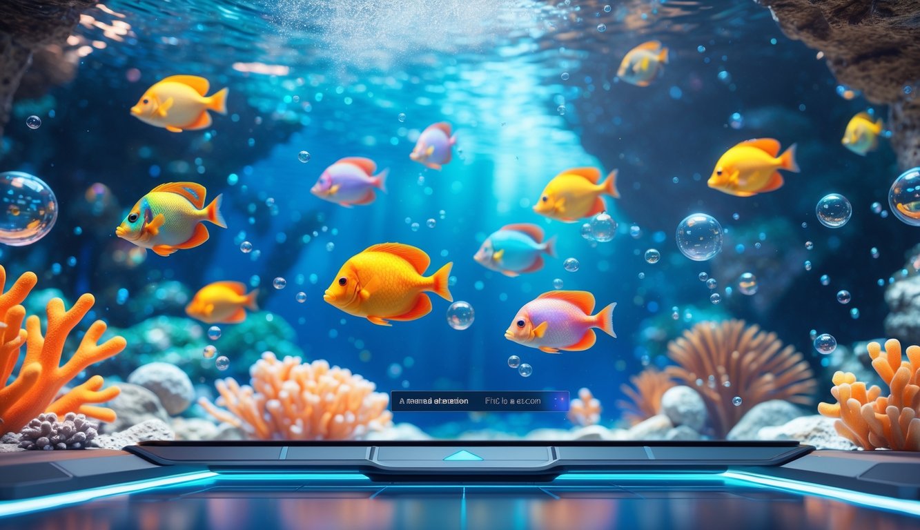 Suasana bawah laut dengan ikan tropis berwarna-warni berenang di terumbu karang bercahaya dan antarmuka permainan digital modern di latar depan.