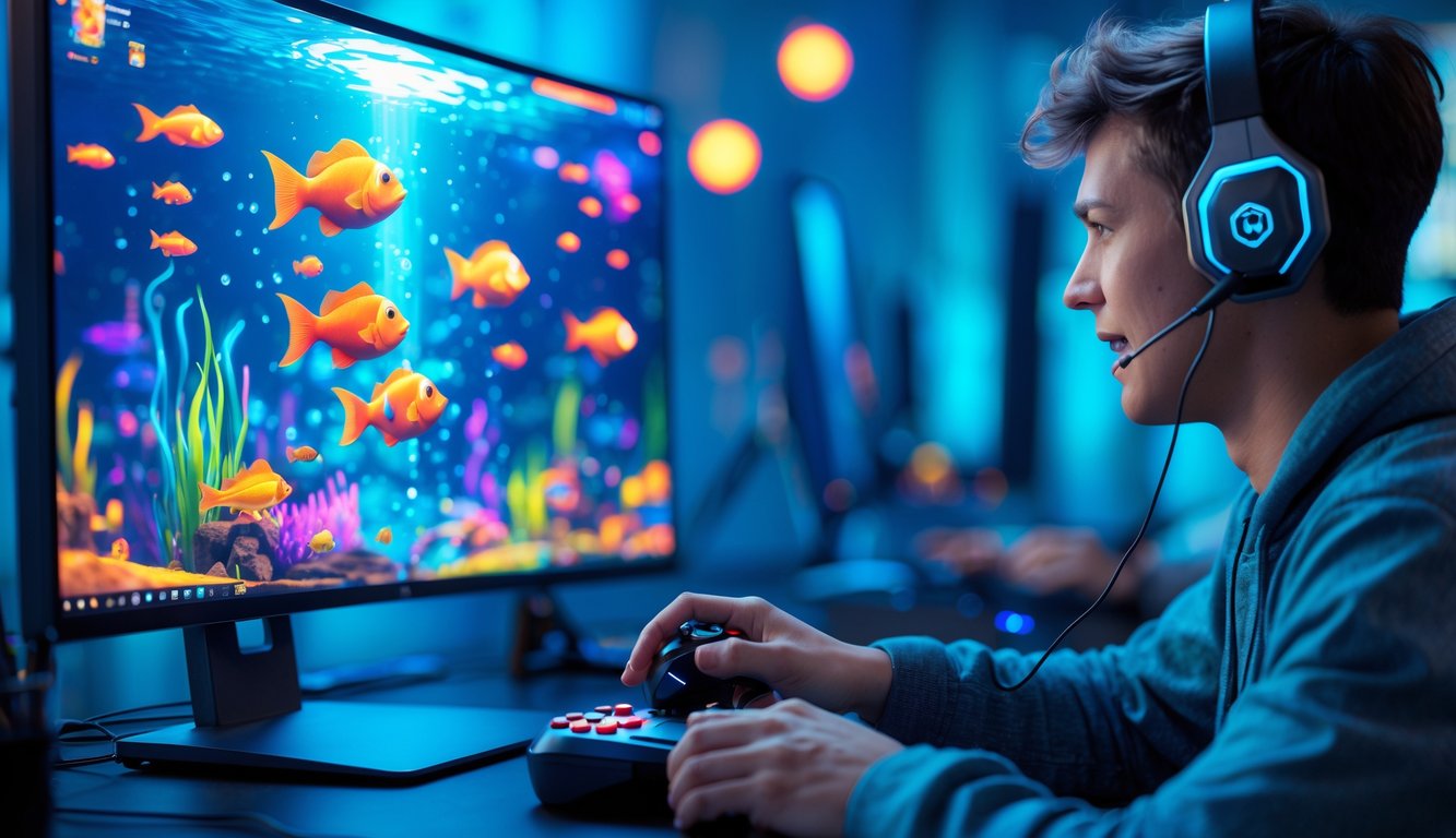 Seorang pemain muda sedang fokus bermain game ikan online dengan layar komputer yang menampilkan grafis warna-warni bertema bawah laut.