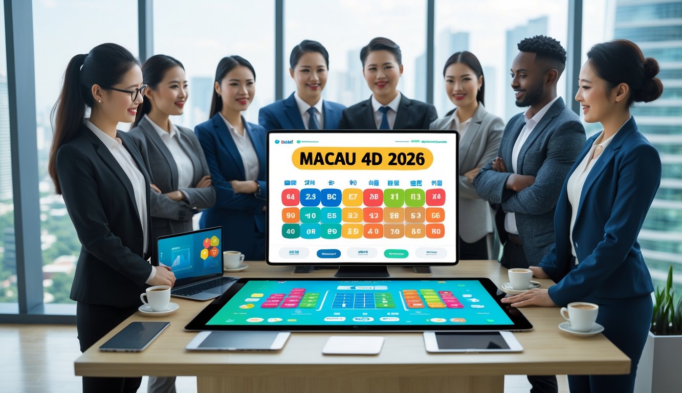 Sekelompok orang profesional sedang berdiskusi di sekitar meja digital dengan grafik dan angka terkait prediksi lotere Macau 4D 2026 di kantor modern.