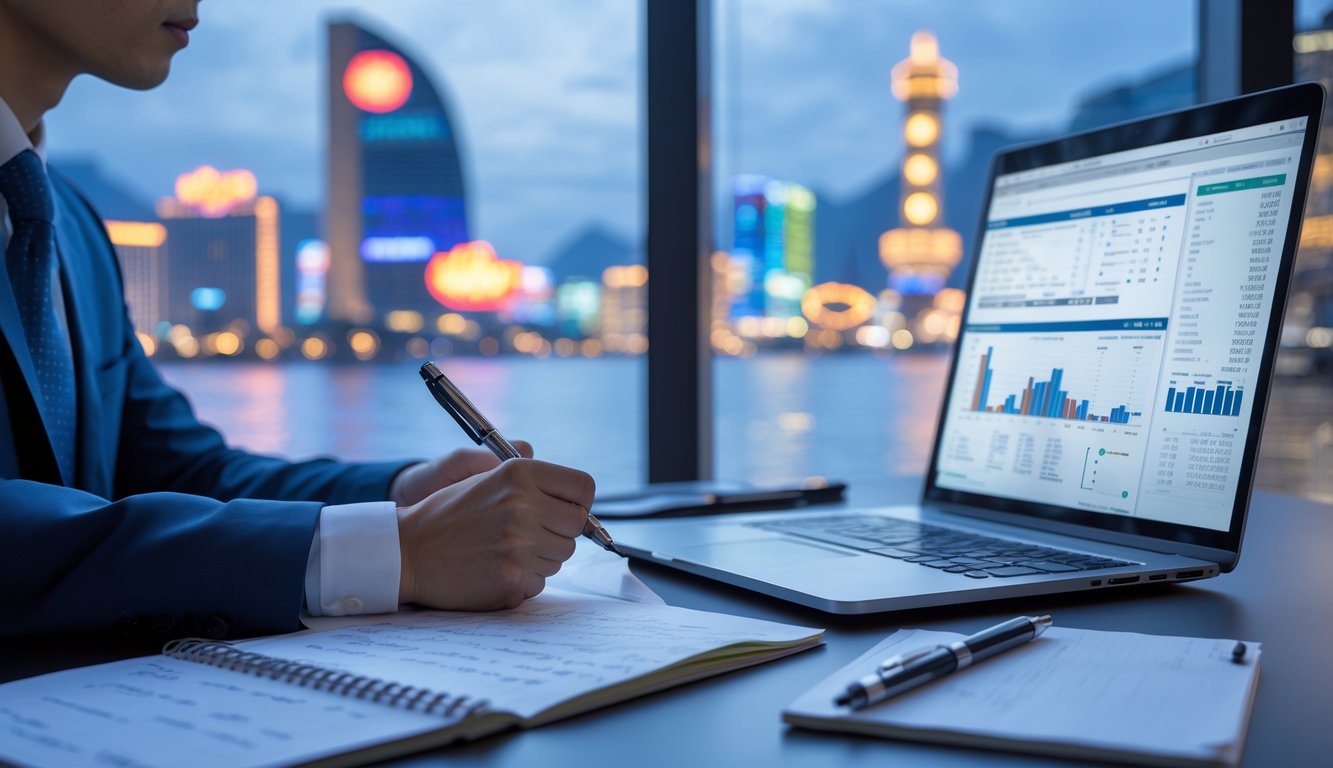 Seorang profesional sedang menganalisis data di meja kerja dengan laptop dan catatan, latar belakang kota Macau terlihat samar.