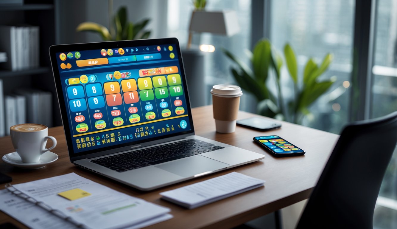 Seorang pria duduk di meja kerja dengan laptop dan ponsel yang menampilkan permainan lotere online, di ruangan dengan pencahayaan alami dan tanaman hijau.