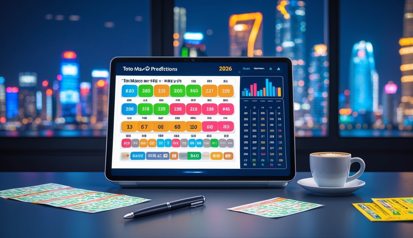 Meja kerja dengan tablet menampilkan grafik dan angka, tiket lotre, pena, dan secangkir kopi di ruangan dengan pemandangan kota malam hari di latar belakang.