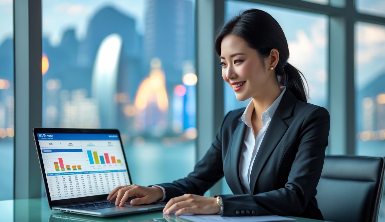 Seorang wanita percaya diri di kantor modern sedang melihat laptop dengan grafik dan angka terkait lotere, dengan latar belakang pemandangan kota Macau yang samar.