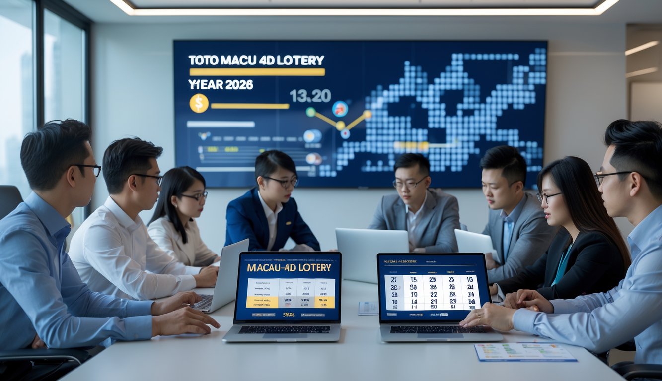 Sekelompok orang sedang berdiskusi dan menganalisis data di ruang konferensi modern dengan layar digital dan alat kerja di meja.