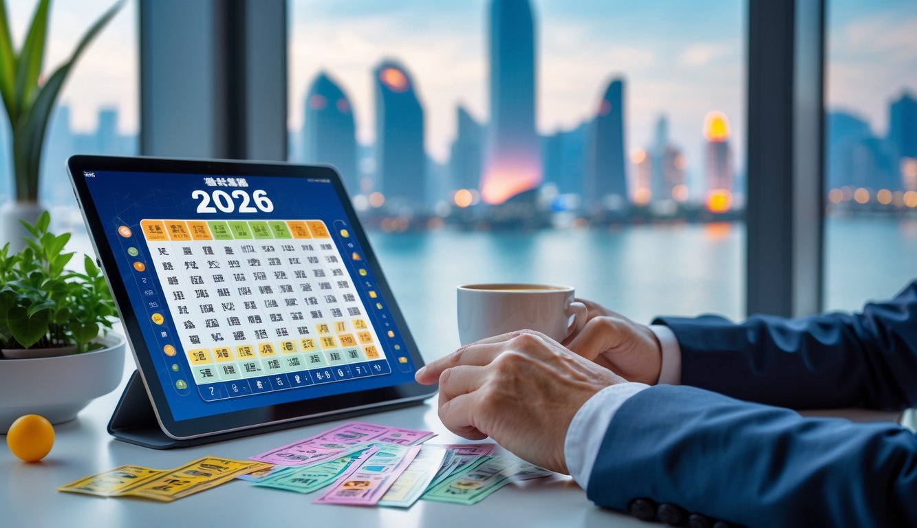 Seseorang sedang menganalisis tiket lotre dan grafik di sebuah meja dengan latar belakang pemandangan kota Macau.