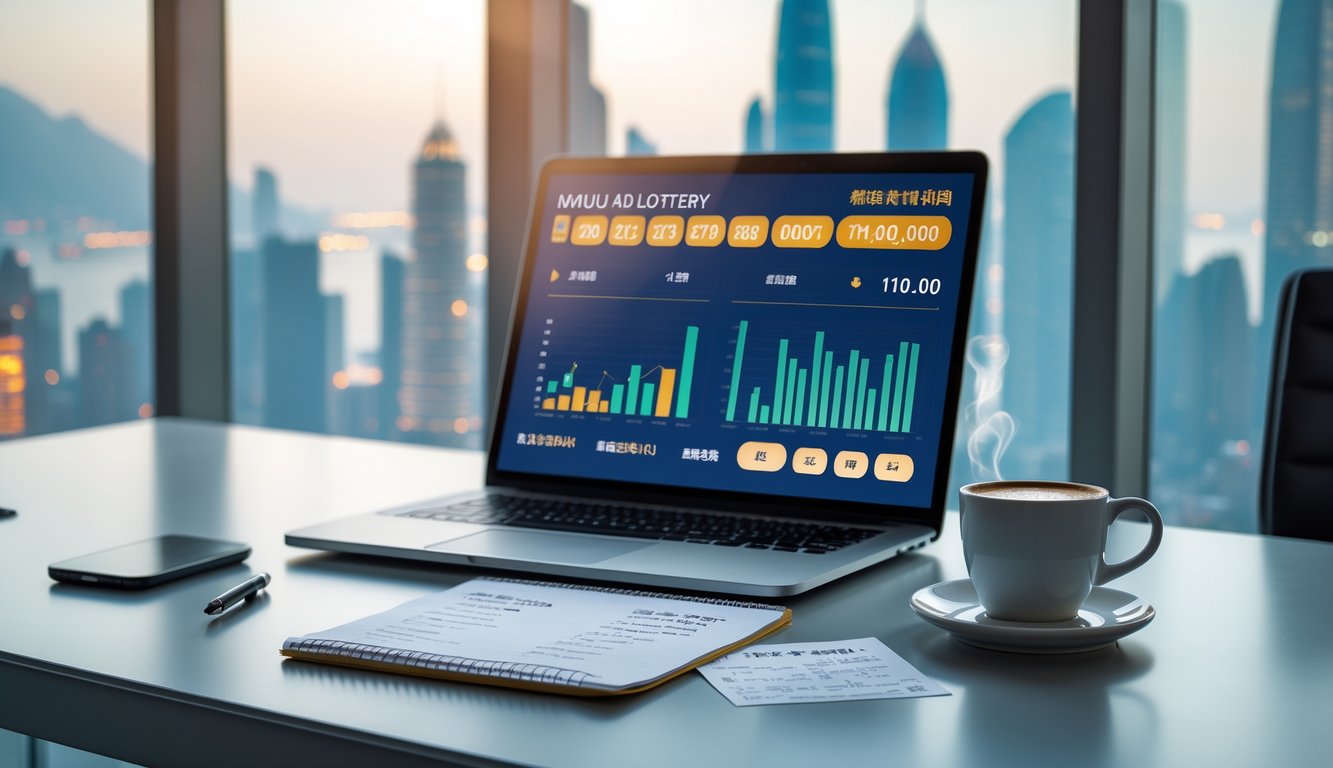Meja kerja dengan laptop, catatan, dan suasana yang menggambarkan analisis hasil dan prediksi angka lotere Macau 4D.