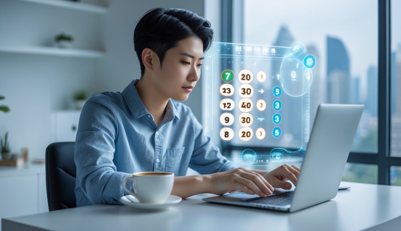 Seorang individu fokus bermain permainan lotere online di laptop di ruang kerja rumah yang rapi dan terang.