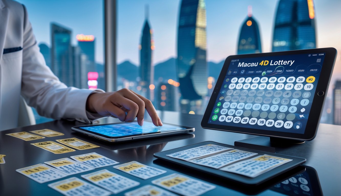 Seorang pria atau wanita sedang menganalisis tiket lotere dan angka di tablet dengan latar belakang pemandangan kota Macau.