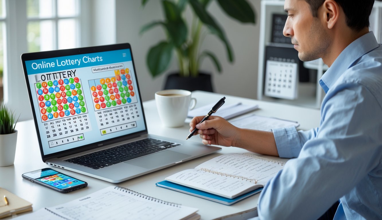 Seseorang duduk di meja kerja dengan laptop yang menampilkan angka togel dan grafik, sambil mencatat di buku catatan di ruang kerja yang terang dan rapi.