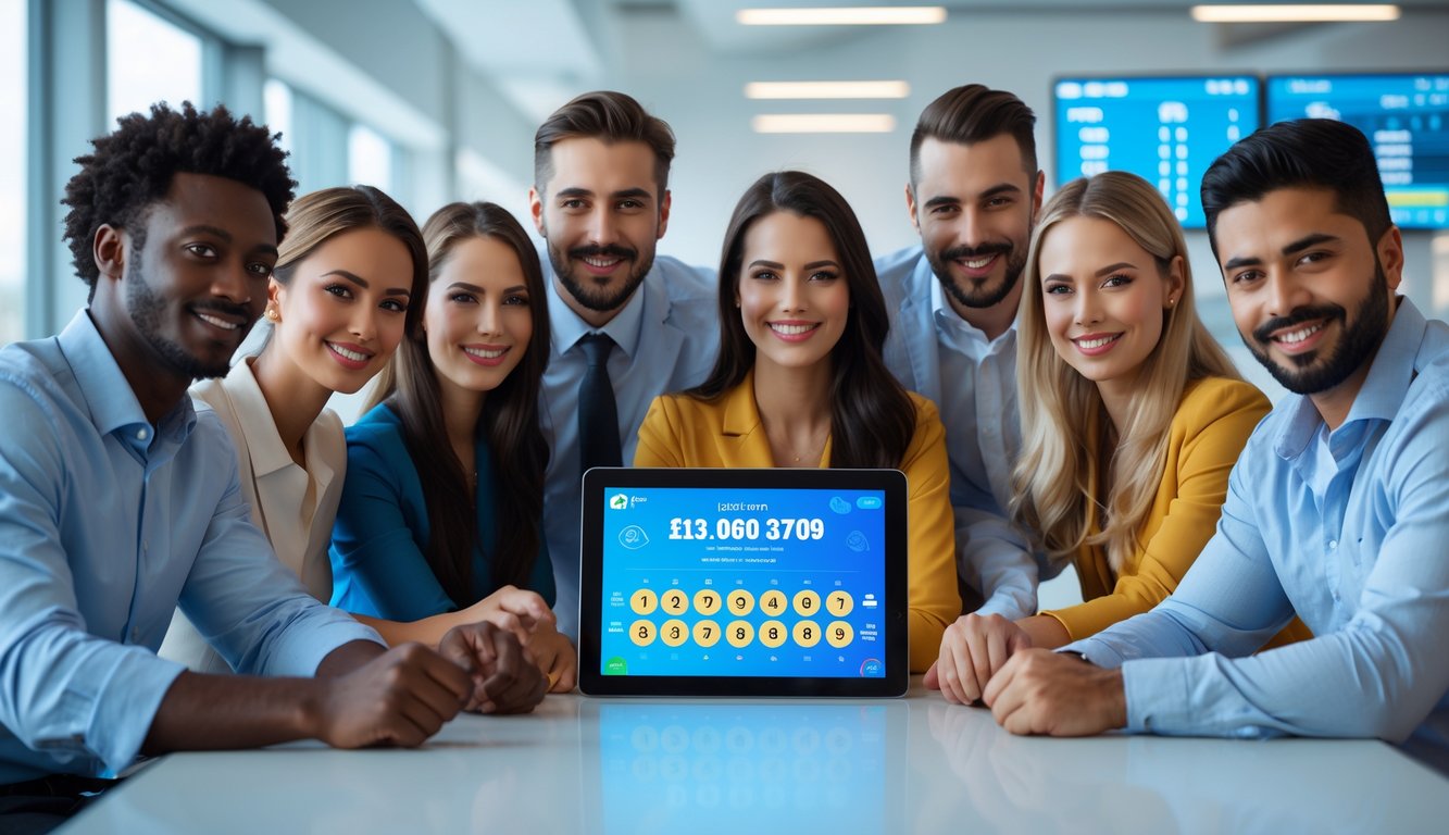 Sekelompok orang percaya diri berkumpul di sekitar perangkat digital di kantor modern, fokus pada layar dengan grafik angka dan prediksi togel.