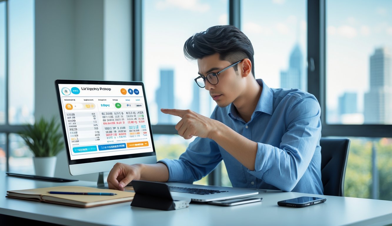 Seorang pria muda duduk di meja kerja dengan laptop, menganalisis data dan angka terkait strategi togel online.