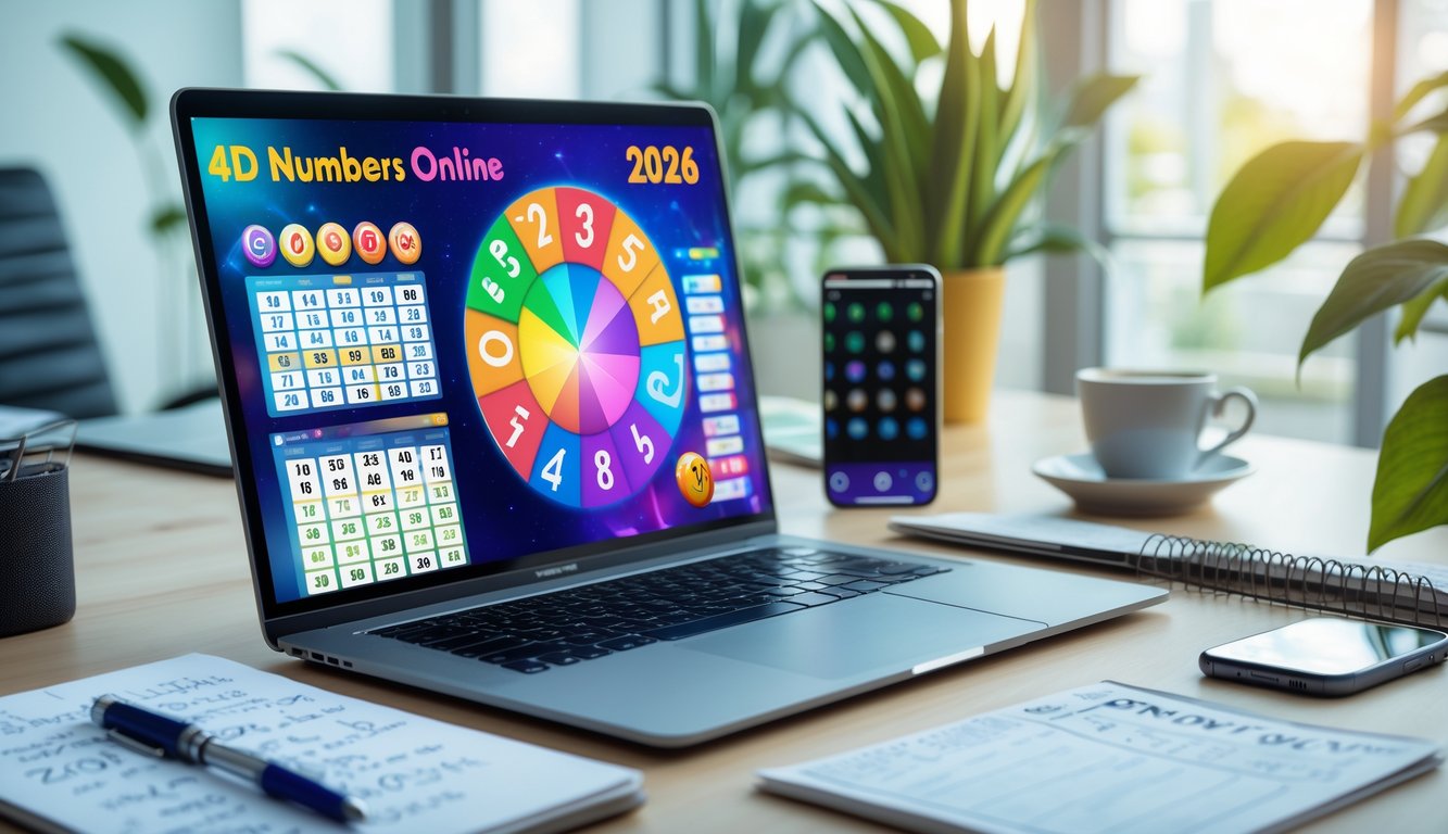 Meja kerja modern dengan laptop menampilkan antarmuka permainan togel online, catatan, dan ponsel di lingkungan kantor yang terang dan rapi.