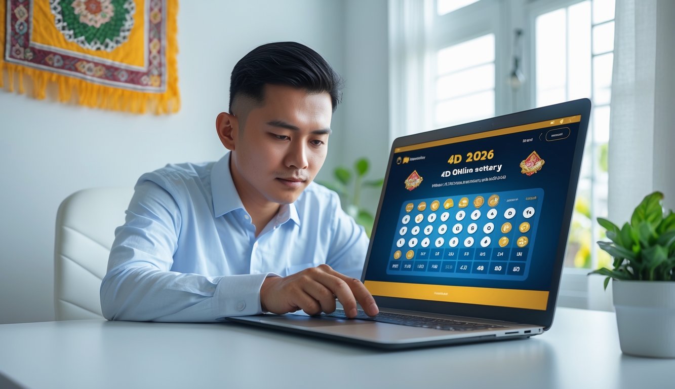 Seorang pria Indonesia duduk di meja dengan laptop terbuka yang menampilkan antarmuka togel online, di sebuah ruang kerja rumah yang terang dan rapi.