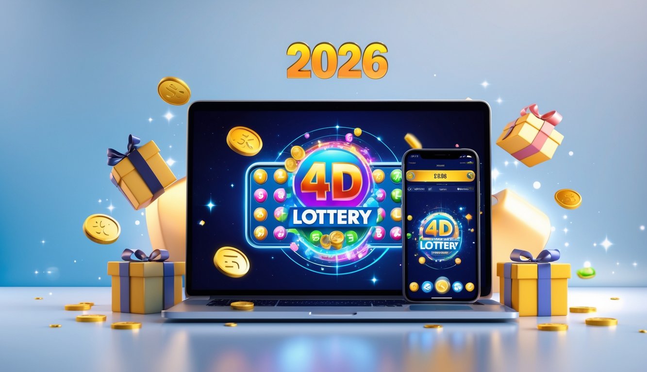Seorang pengguna sedang melihat layar laptop dan ponsel yang menampilkan grafik angka togel 4D dan ikon bonus di lingkungan yang bersih dan modern.