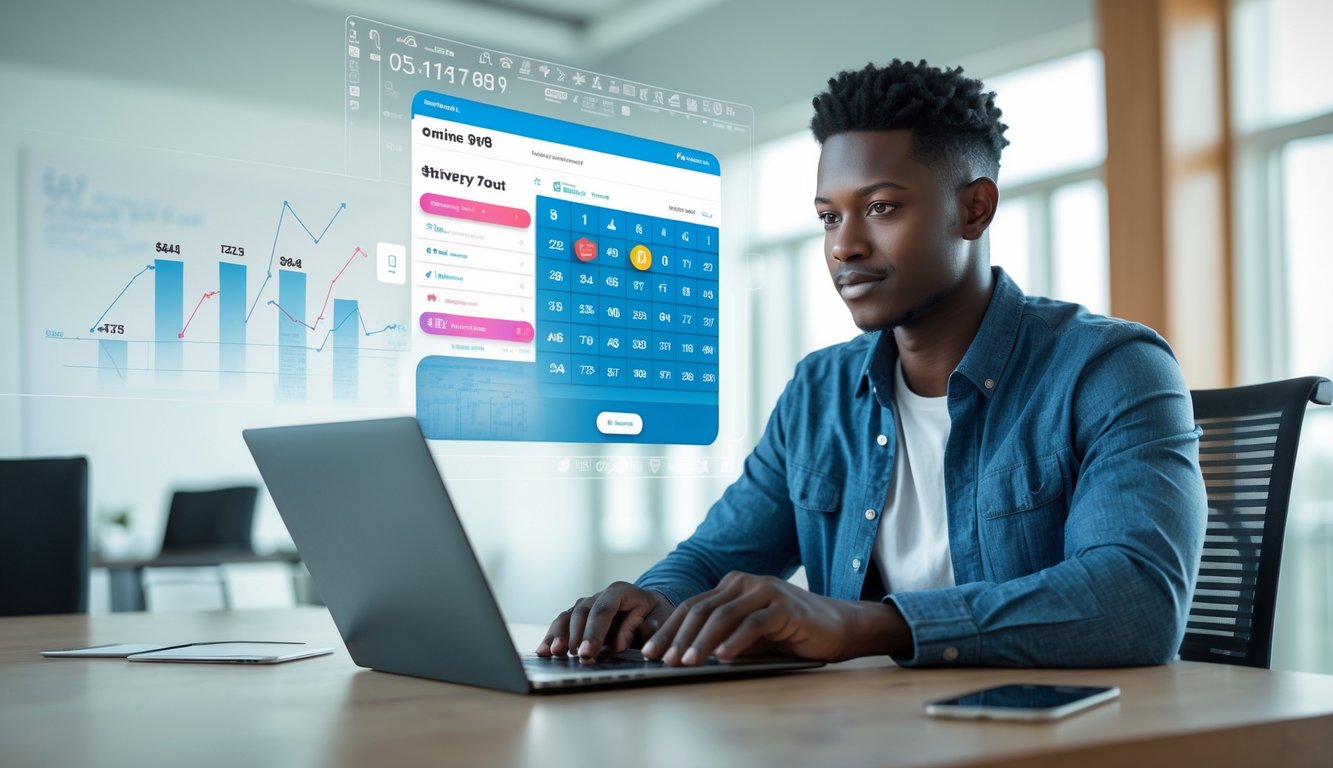 Seorang dewasa muda duduk di meja dengan laptop, fokus menganalisis data permainan angka di lingkungan kantor yang terang dan rapi.