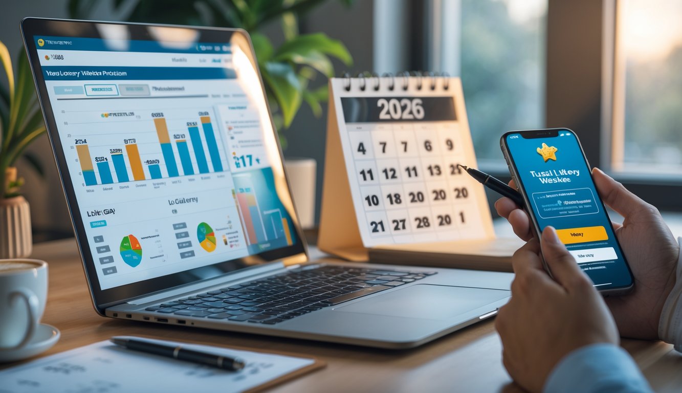 Seseorang sedang menganalisis data togel online di meja kerja dengan laptop dan ponsel, suasana tenang dan profesional.