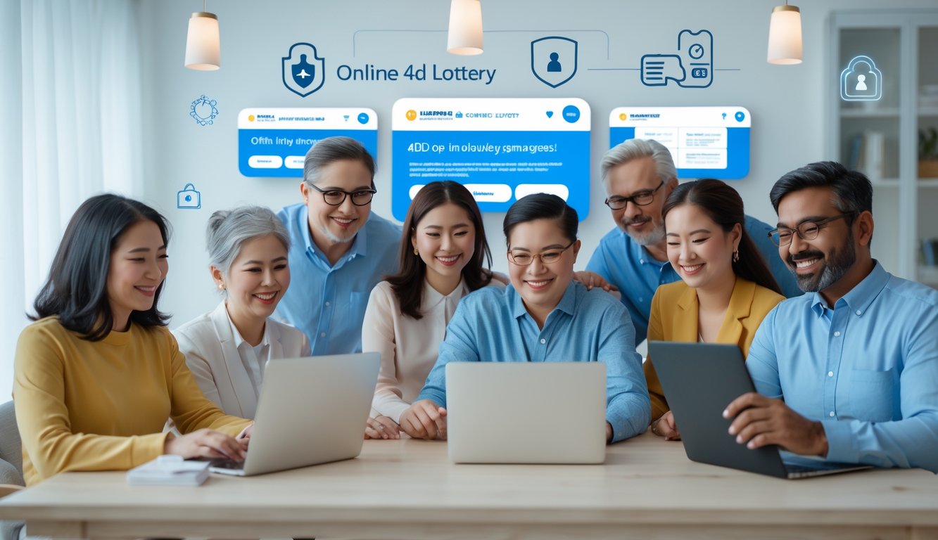 Sekelompok orang menggunakan perangkat digital di ruangan yang terang dan modern, menunjukkan suasana bermain togel online dengan aman dan nyaman.