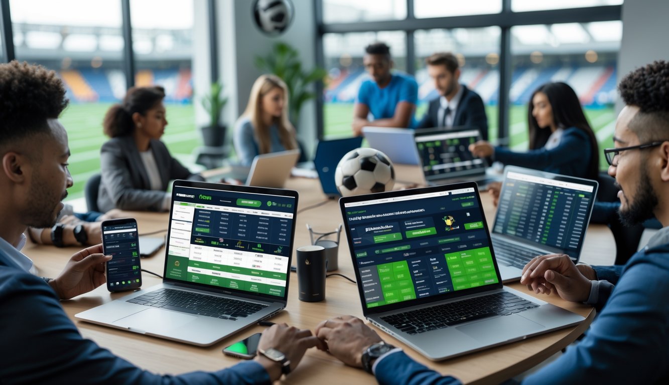 Beberapa orang menggunakan perangkat digital untuk taruhan bola dengan latar belakang bola dan stadion.