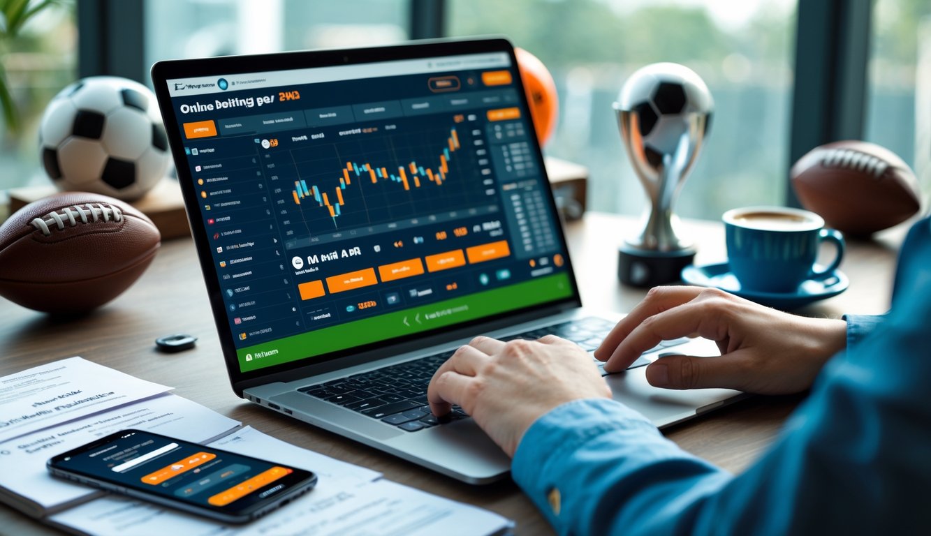 Sebuah meja kerja dengan laptop yang menampilkan antarmuka taruhan sepak bola online, smartphone, catatan, dan secangkir kopi di dekat jendela besar dengan cahaya alami.