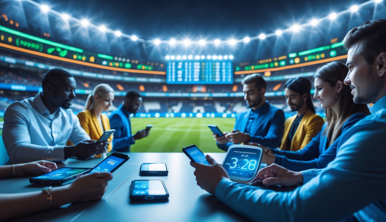 Beberapa orang menggunakan perangkat digital untuk melihat peluang taruhan bola dengan latar belakang stadion sepak bola yang terang dan ramai.