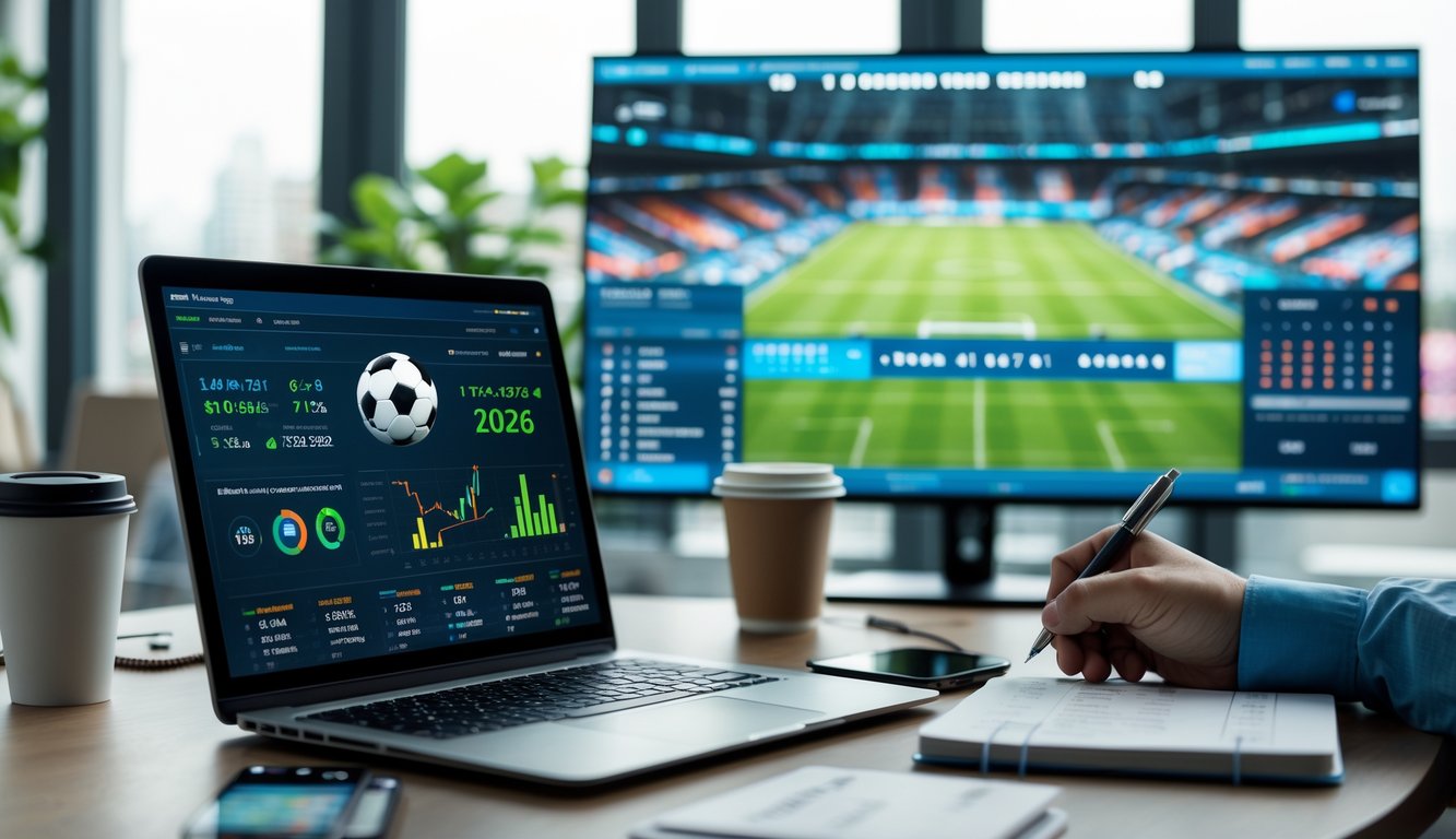Seorang pria sedang menganalisis data taruhan sepak bola di depan laptop dan layar besar dengan pertandingan sepak bola di latar belakang.