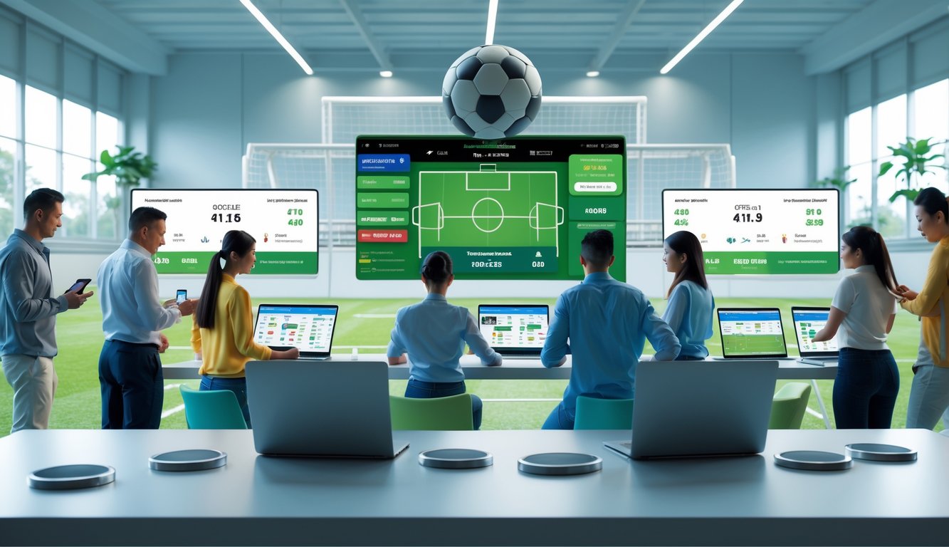 Orang-orang menggunakan perangkat digital untuk memasang taruhan pada pertandingan sepak bola di ruangan modern dengan layar besar yang menampilkan pertandingan sepak bola secara langsung.