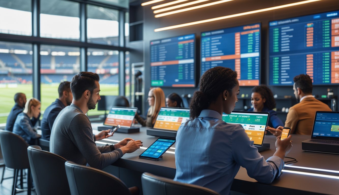 Orang-orang sedang melihat layar digital yang menampilkan informasi taruhan sepak bola dan turnamen terbaru di sebuah ruang taruhan modern.