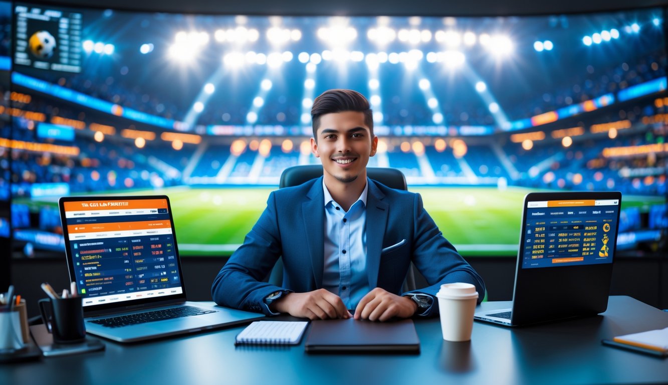 Seorang pria muda duduk di meja dengan perangkat digital menampilkan statistik dan skor sepak bola, latar belakang stadion sepak bola penuh penonton yang bersorak.