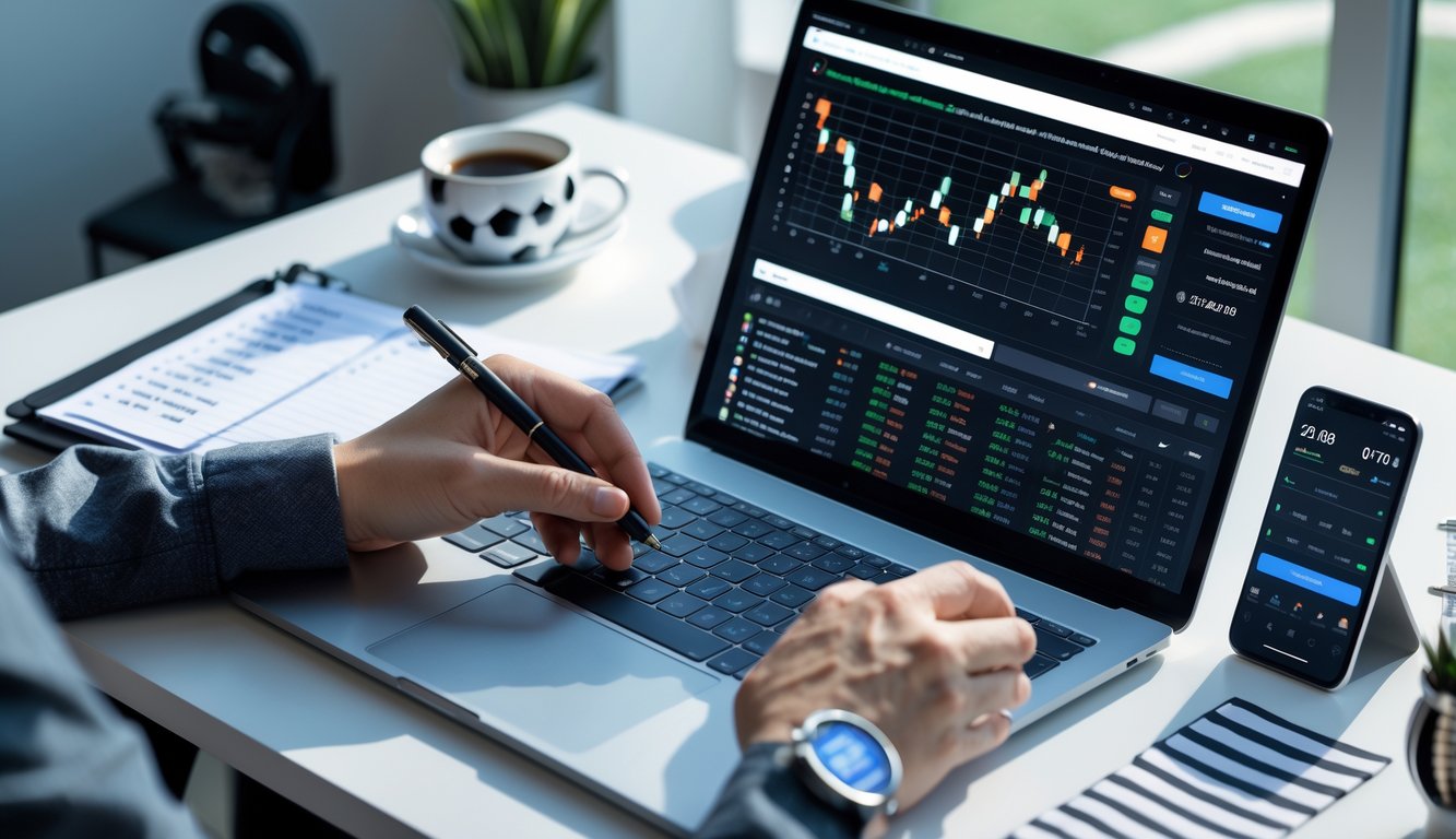 Sebuah meja kerja modern dengan laptop yang menampilkan data taruhan sepak bola, tangan seseorang sedang menganalisis informasi, dan smartphone dengan aplikasi taruhan terbuka.