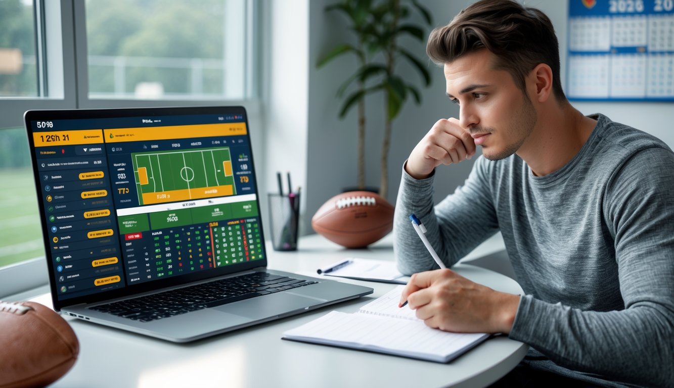 Seseorang duduk di meja kerja dengan laptop yang menampilkan pertandingan sepak bola dan data taruhan, di sekitar ada bola sepak dan papan skor, suasana terang dan terorganisir.